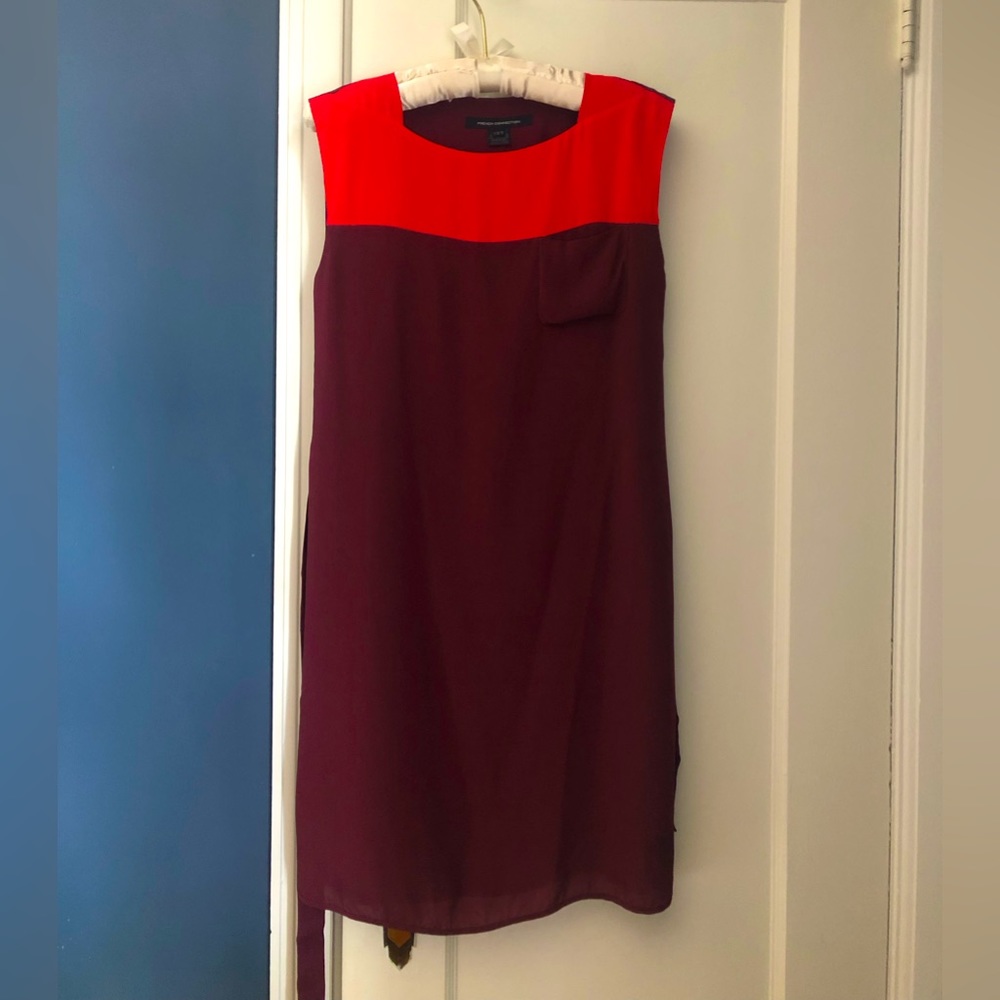 French connection two tone silk dress size 0 burgundy with pink